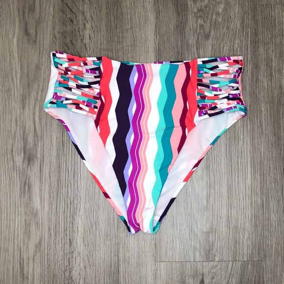 Bar III Women's Multi Color Waves Strappy High-Waist Bikini Swim Bottoms sz S - Picture 2 of 4